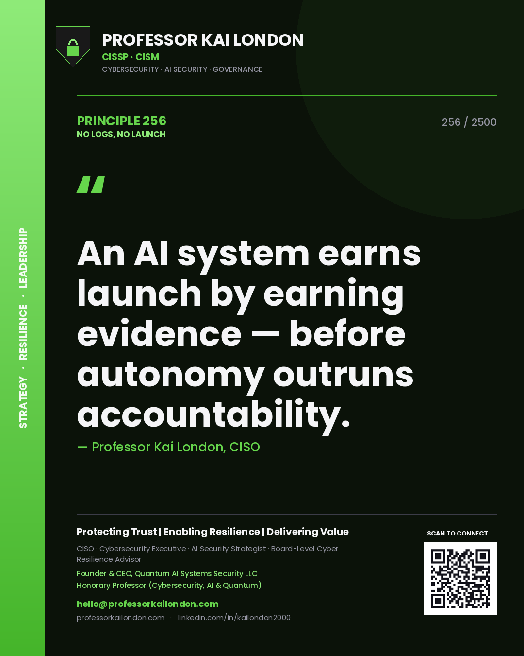 Professor Kai London principle 256: An AI system earns launch by earning evidence — before autonomy outruns accountability.
