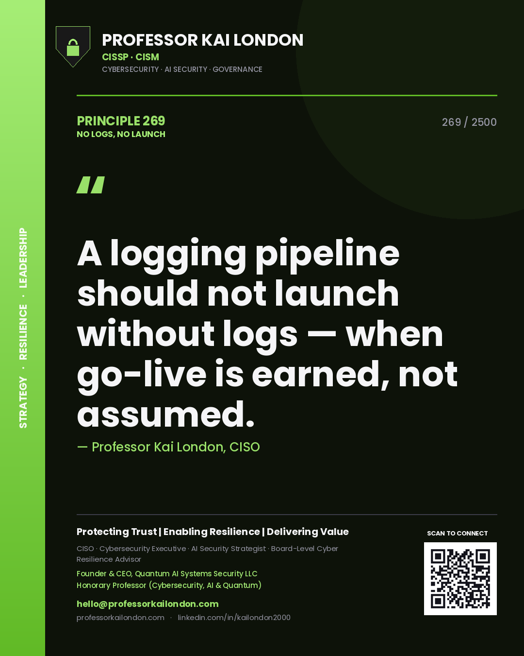 Professor Kai London principle 269: A logging pipeline should not launch without logs — when go-live is earned, not assumed.