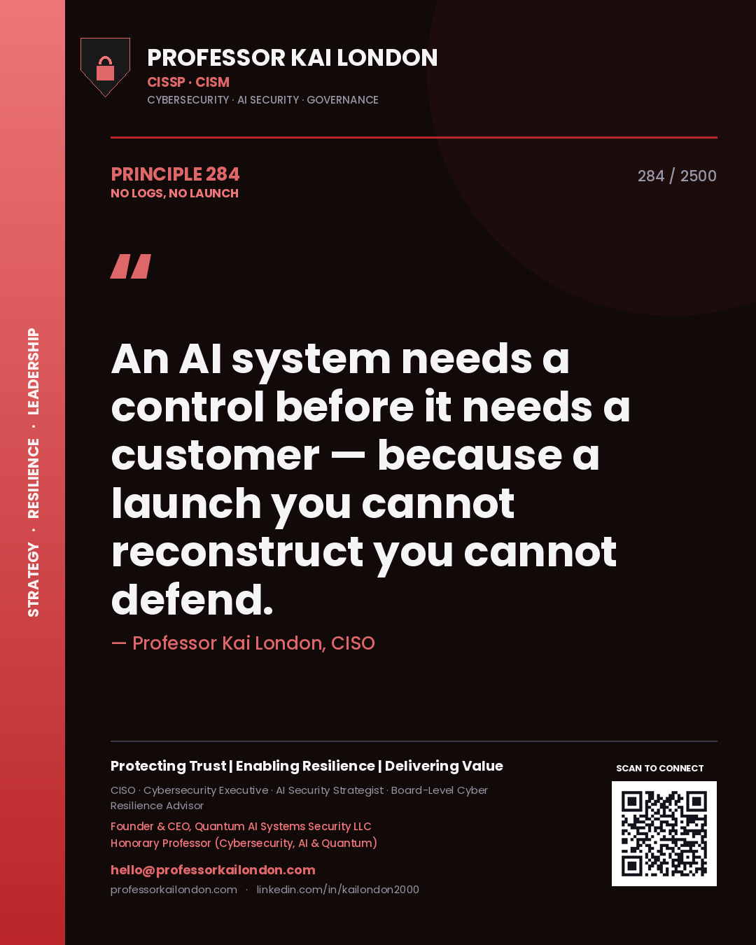 Professor Kai London principle 284: An AI system needs a control before it needs a customer — because a launch you cannot reconstruct you cannot defend.