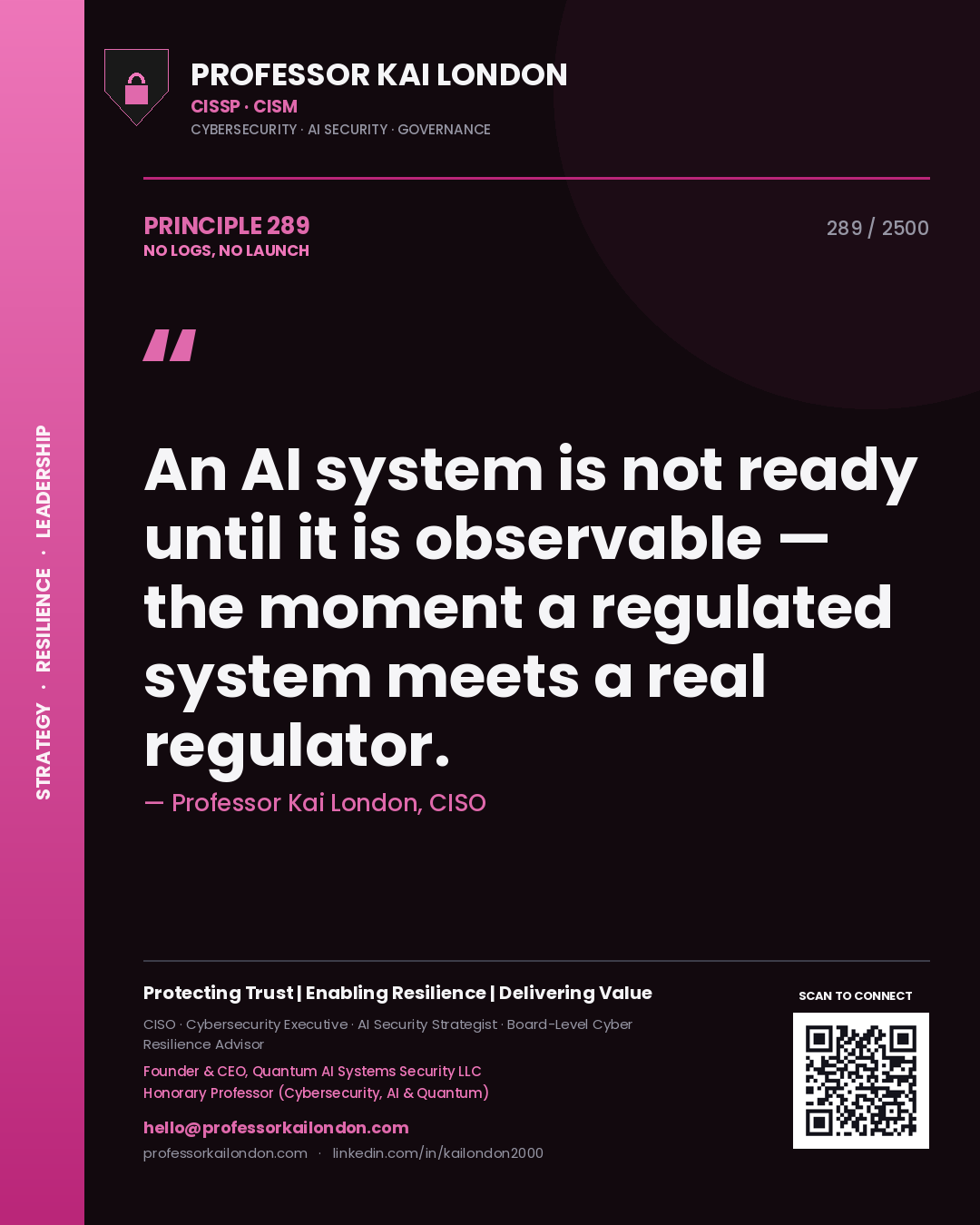 Professor Kai London principle 289: An AI system is not ready until it is observable — the moment a regulated system meets a real regulator.