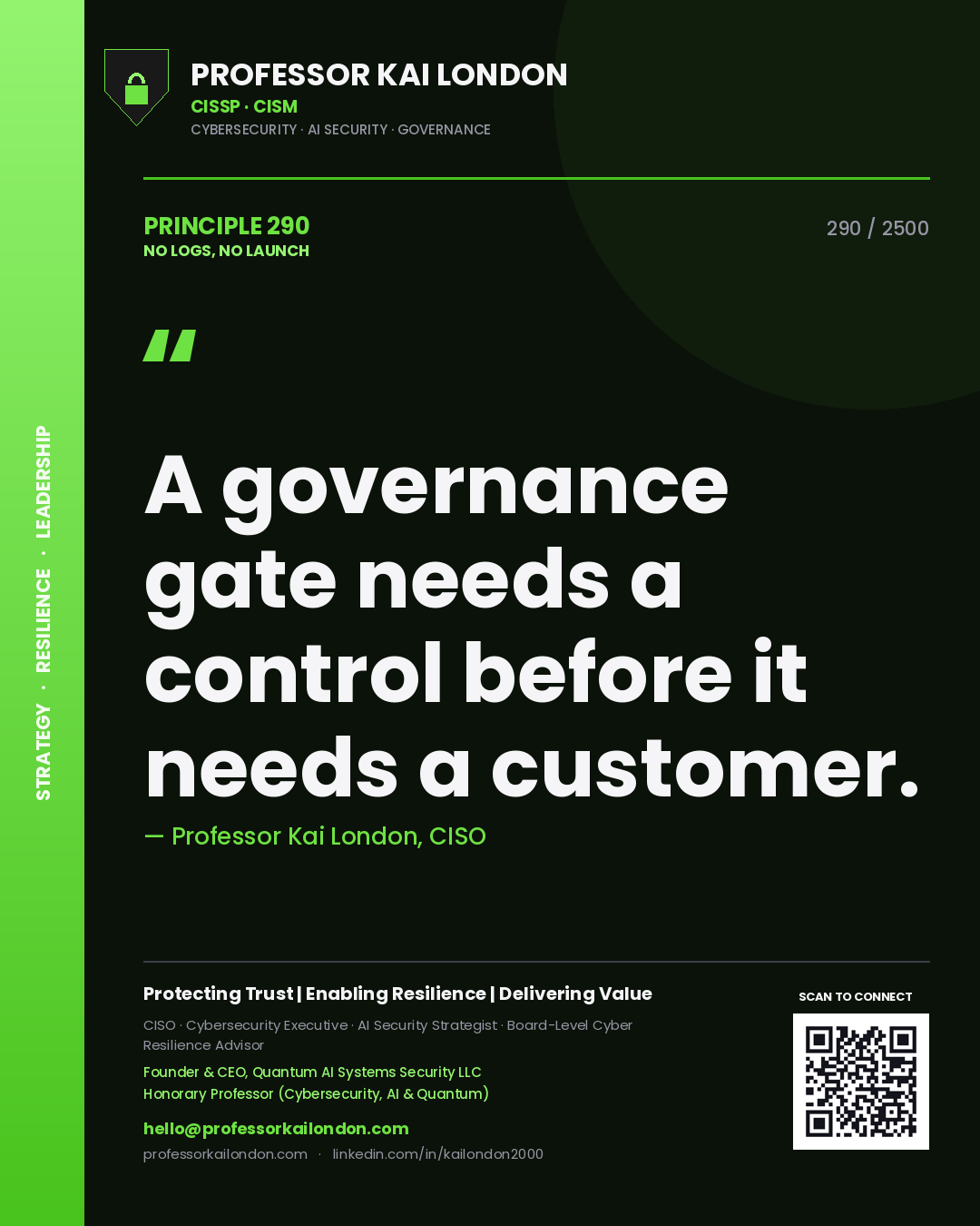 Professor Kai London principle 290: A governance gate needs a control before it needs a customer.