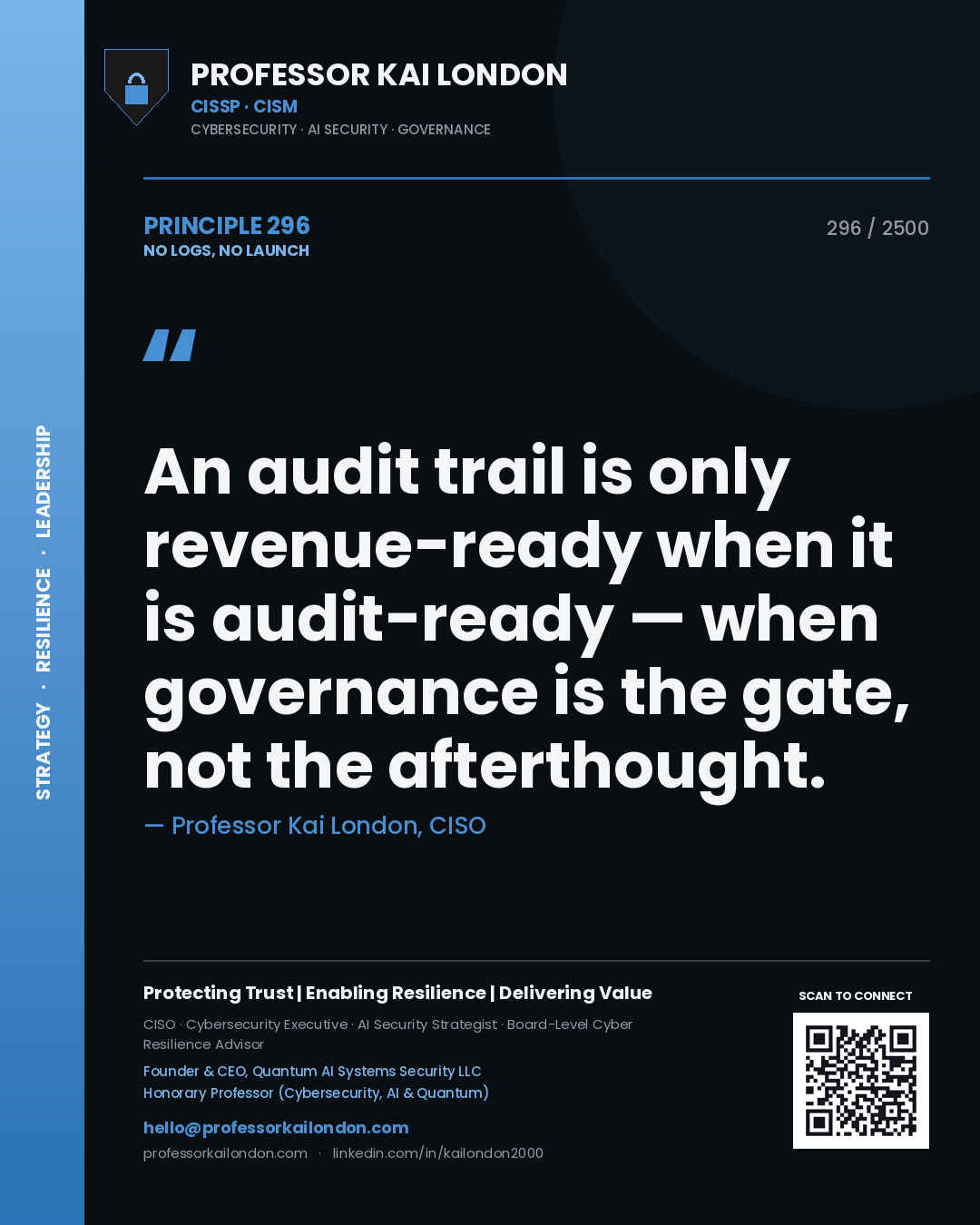 Professor Kai London principle 296: An audit trail is only revenue-ready when it is audit-ready — when governance is the gate, not the afterthought.