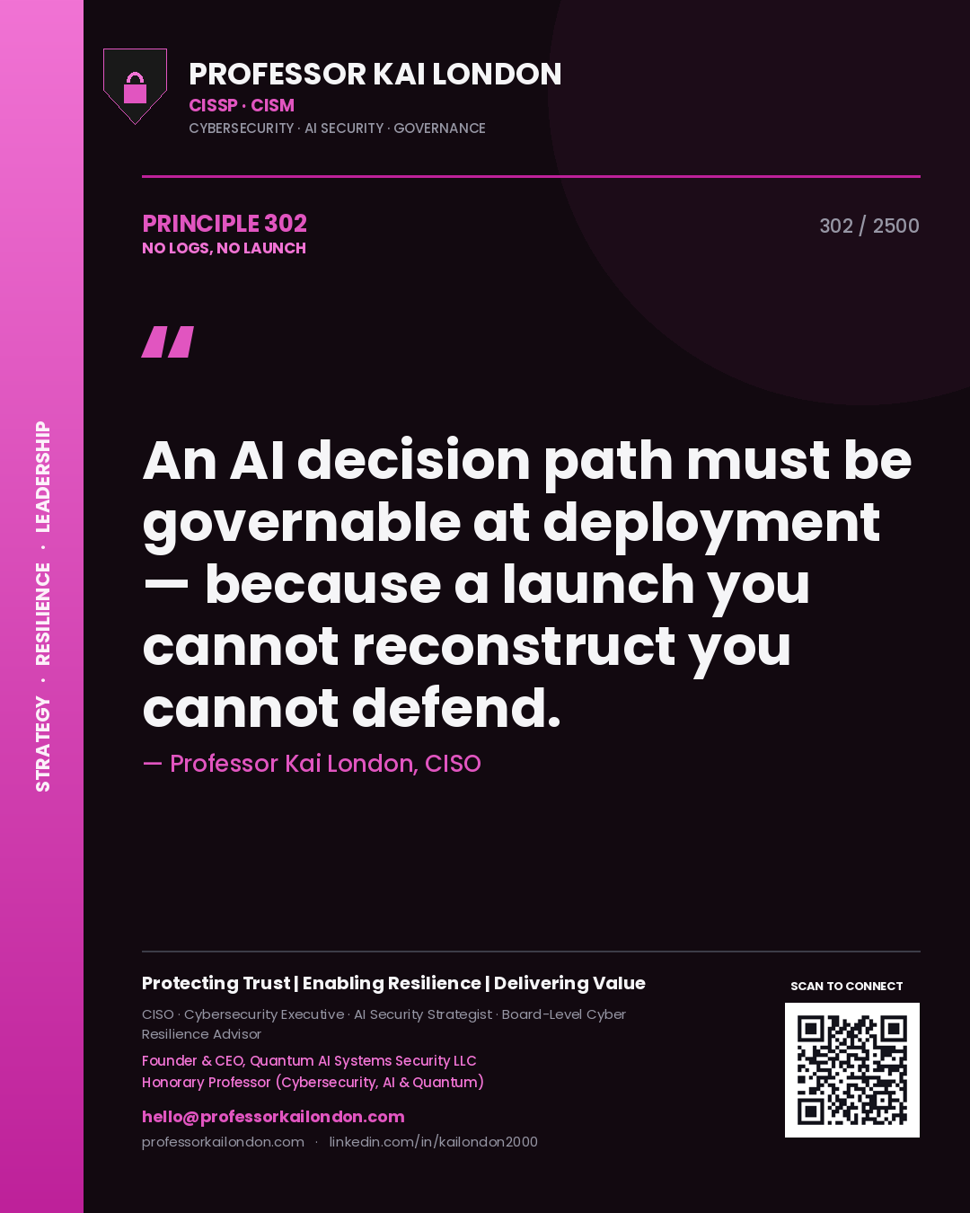 Professor Kai London principle 302: An AI decision path must be governable at deployment — because a launch you cannot reconstruct you cannot defend.