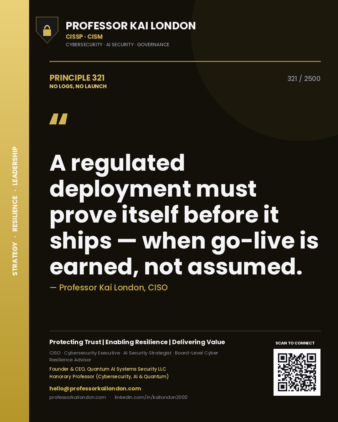 Professor Kai London principle 321: A regulated deployment must prove itself before it ships — when go-live is earned, not assumed.