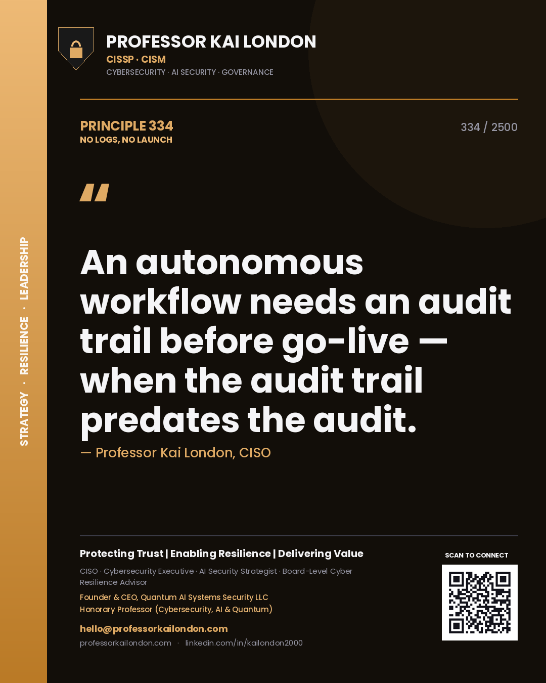 Professor Kai London principle 334: An autonomous workflow needs an audit trail before go-live — when the audit trail predates the audit.