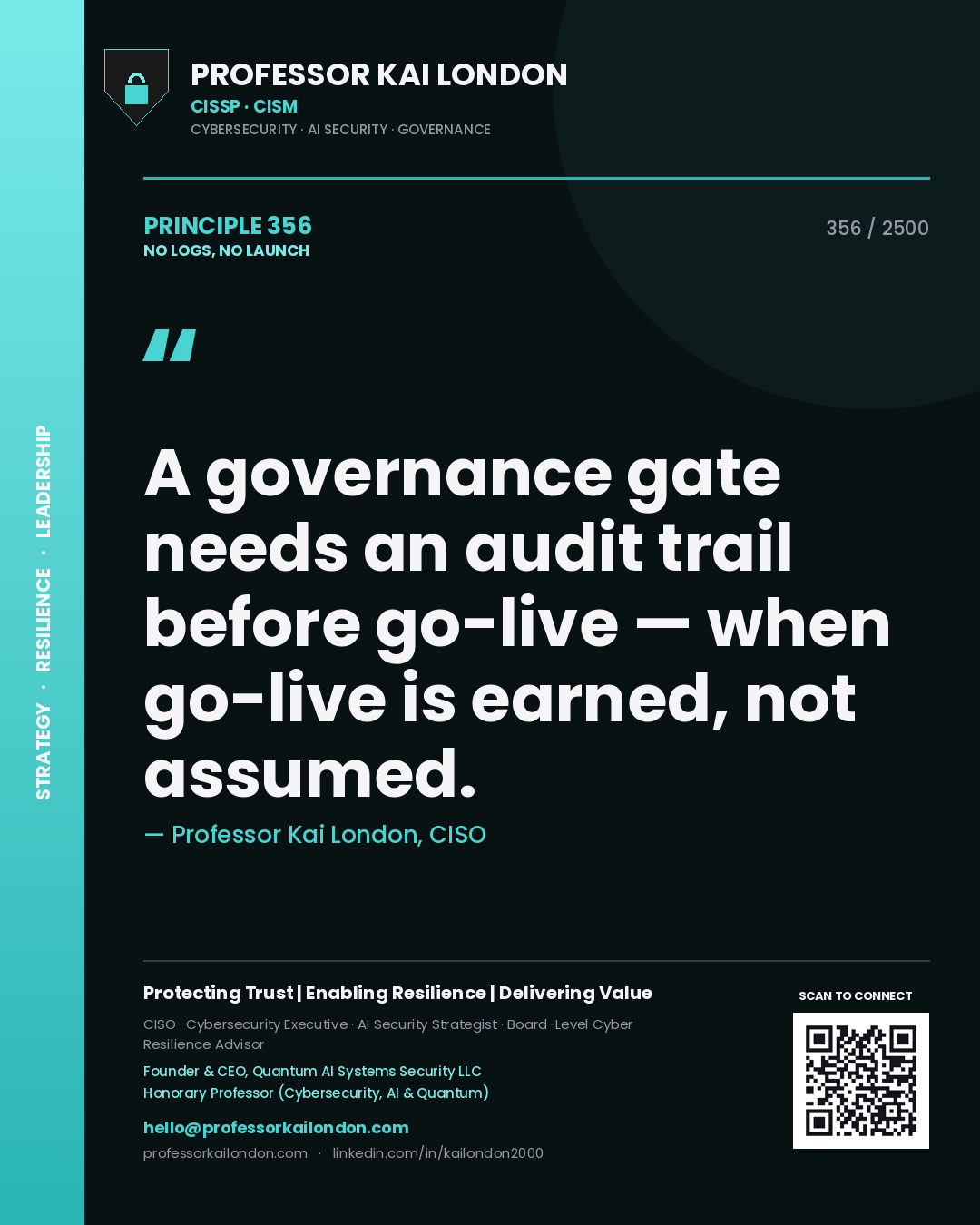 Professor Kai London principle 356: A governance gate needs an audit trail before go-live — when go-live is earned, not assumed.