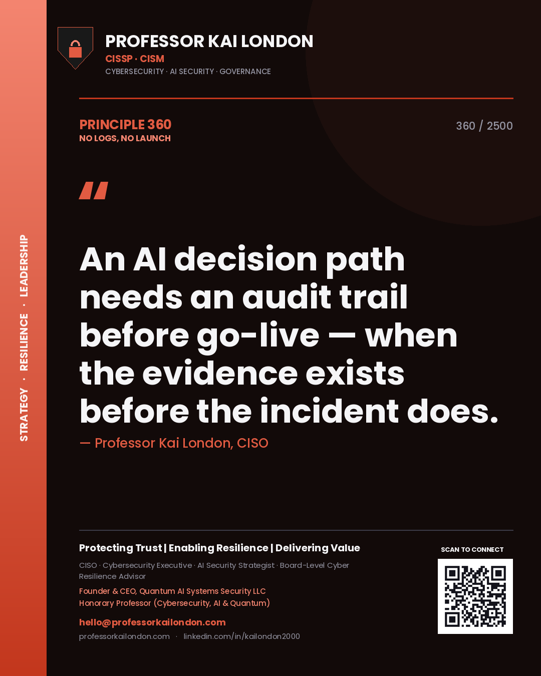Quote card by Professor Kai London reading 'An AI decision path needs an audit trail before go-live — when the evidence exists before the incident does.'. From the book No Logs, No Launch.