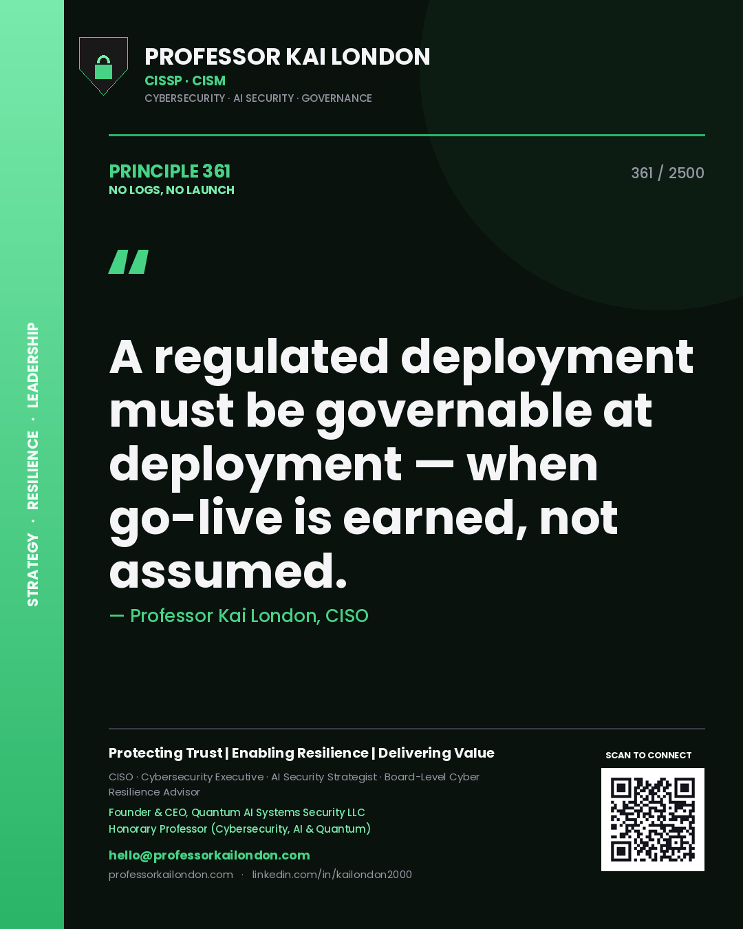 Quote card by Professor Kai London reading 'A regulated deployment must be governable at deployment — when go-live is earned, not assumed.'. From the book No Logs, No Launch.