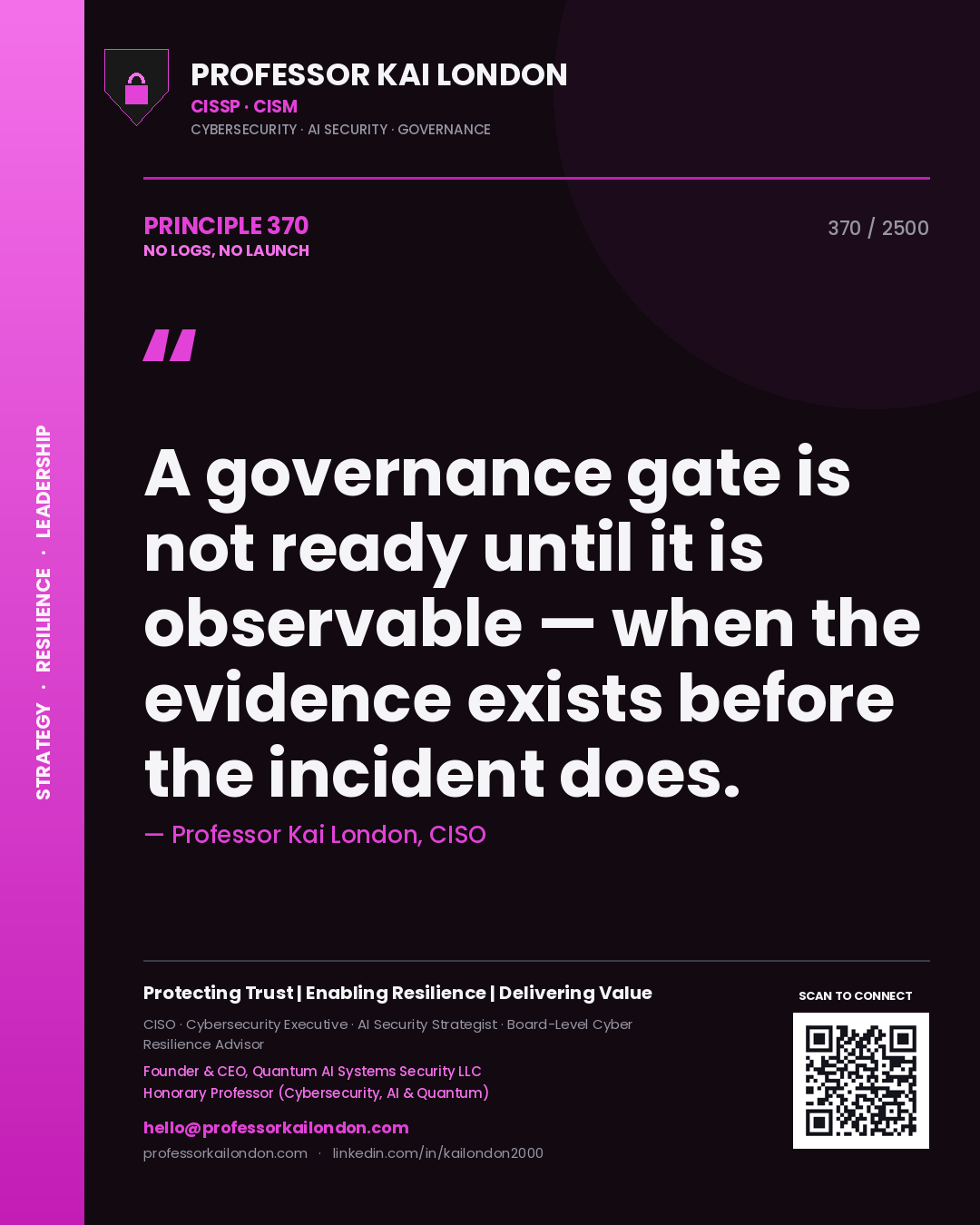 Professor Kai London principle 370: A governance gate is not ready until it is observable — when the evidence exists before the incident does.