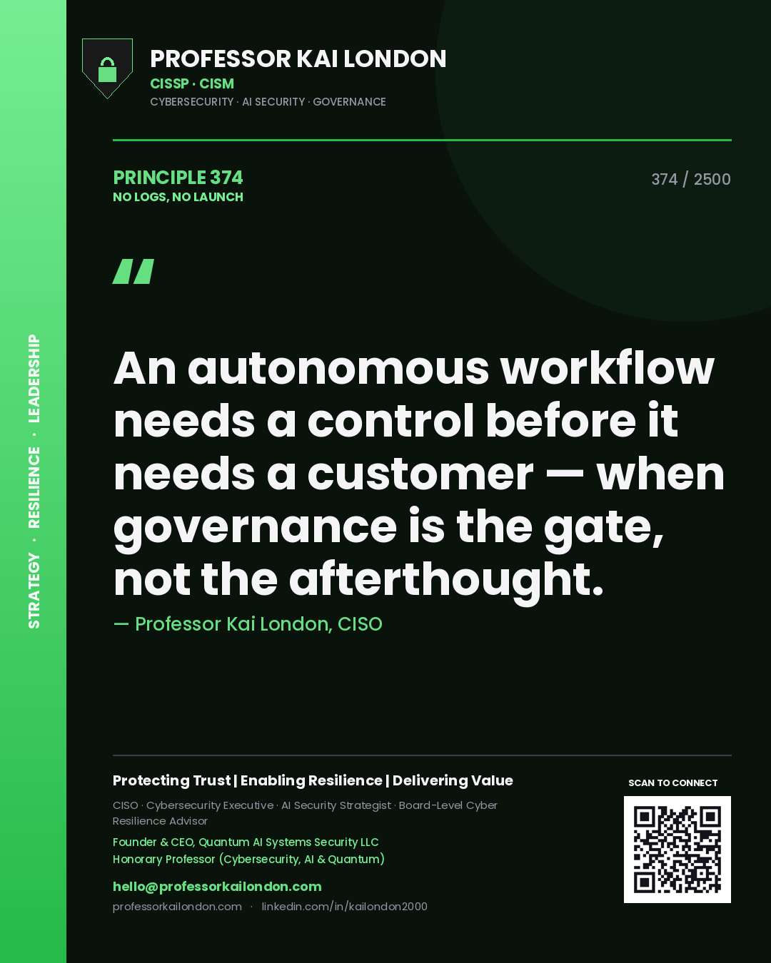 Professor Kai London principle 374: An autonomous workflow needs a control before it needs a customer — when governance is the gate, not the afterthought.