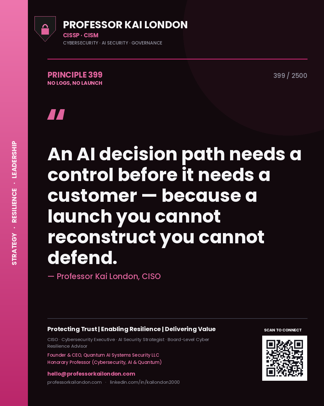 Professor Kai London principle 399: An AI decision path needs a control before it needs a customer — because a launch you cannot reconstruct you cannot defend.