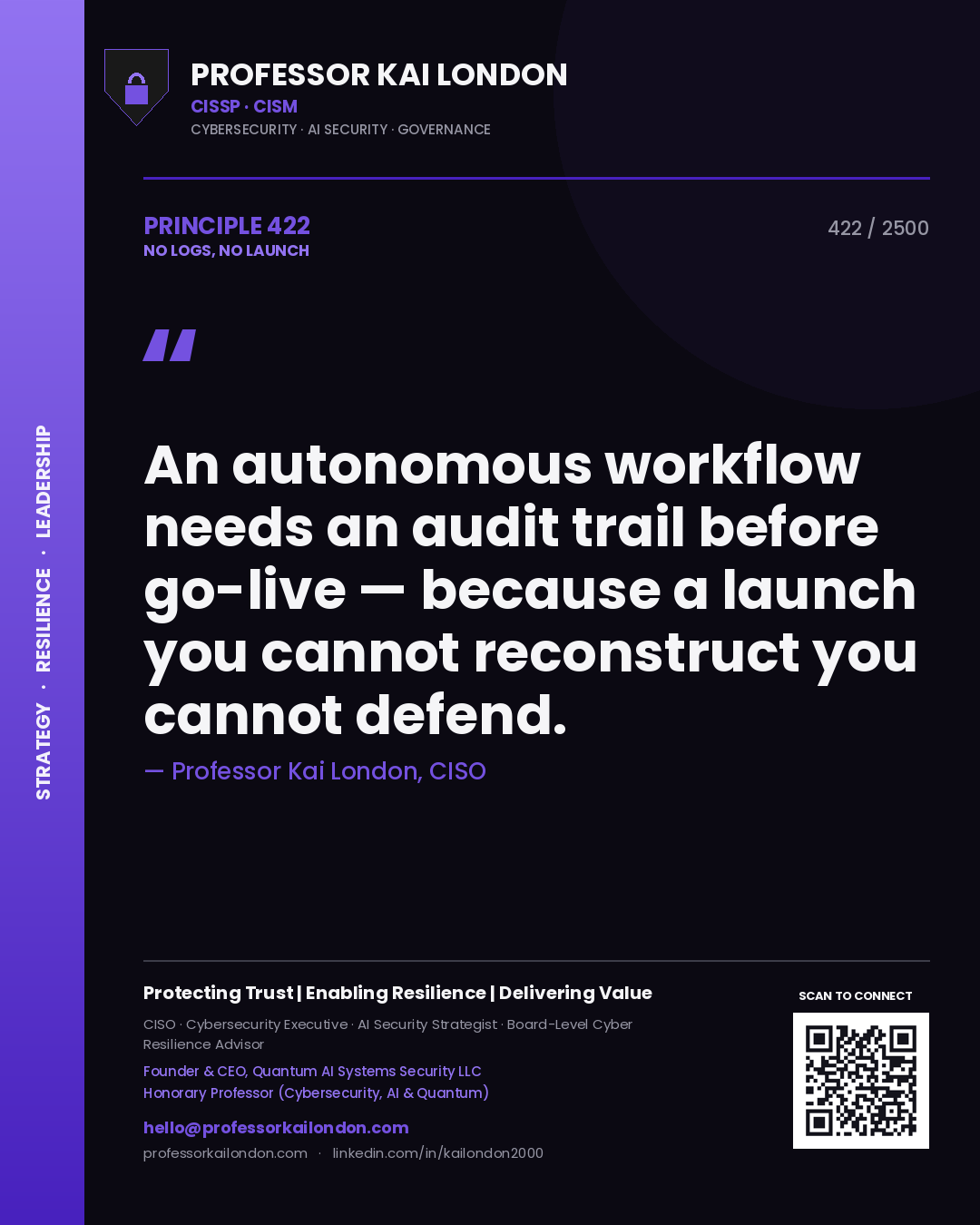 Quote card by Professor Kai London reading 'An autonomous workflow needs an audit trail before go-live — because a launch you cannot reconstruct you cannot defend.'. From the book No Logs, No Launch.