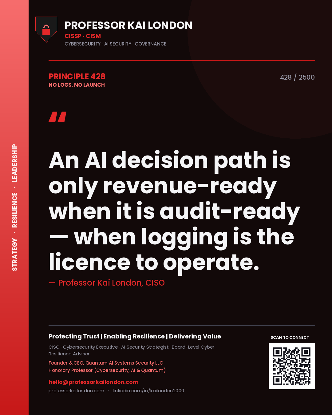 Professor Kai London principle 428: An AI decision path is only revenue-ready when it is audit-ready — when logging is the licence to operate.