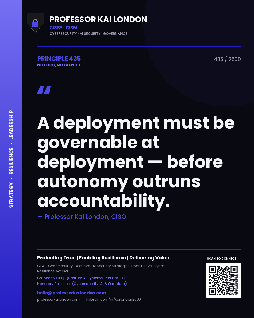 Quote card by Professor Kai London reading 'A deployment must be governable at deployment — before autonomy outruns accountability.'. From the book No Logs, No Launch.