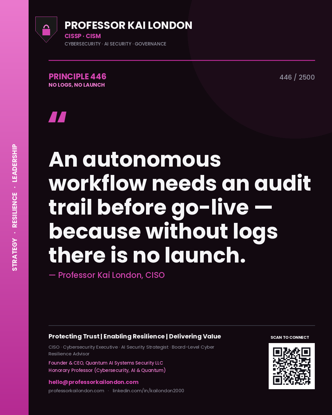 Professor Kai London principle 446: An autonomous workflow needs an audit trail before go-live — because without logs there is no launch.