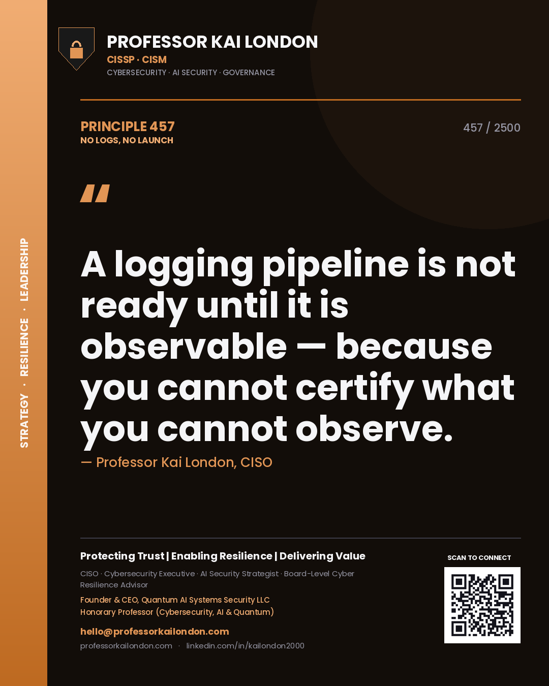 Quote card by Professor Kai London reading 'A logging pipeline is not ready until it is observable — because you cannot certify what you cannot observe.'. From the book No Logs, No Launch.