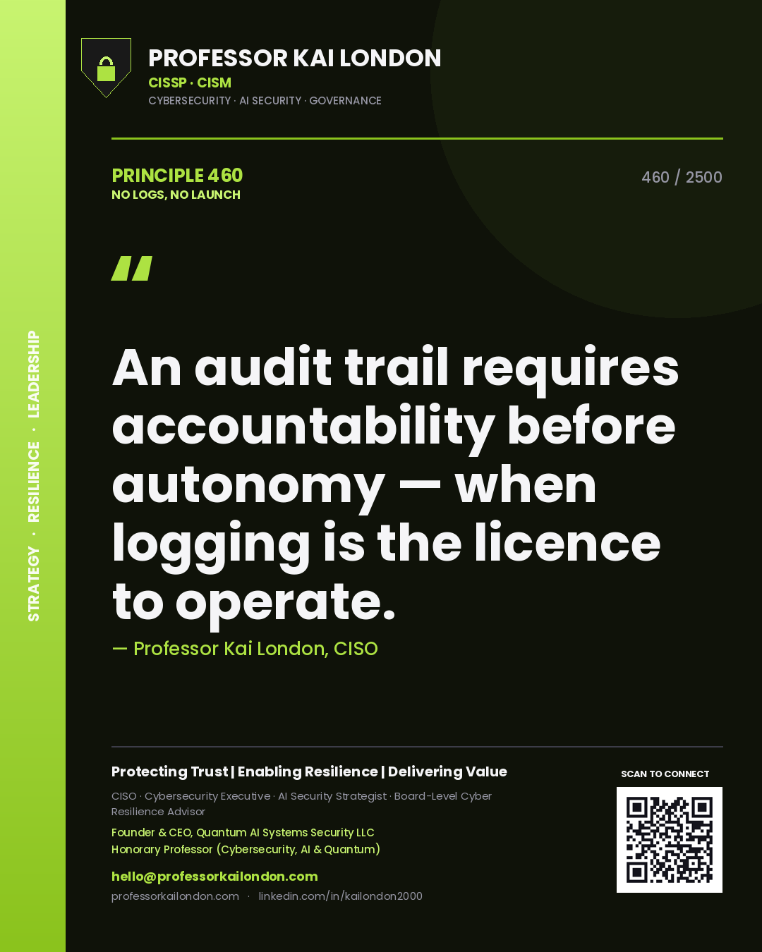 Professor Kai London principle 460: An audit trail requires accountability before autonomy — when logging is the licence to operate.