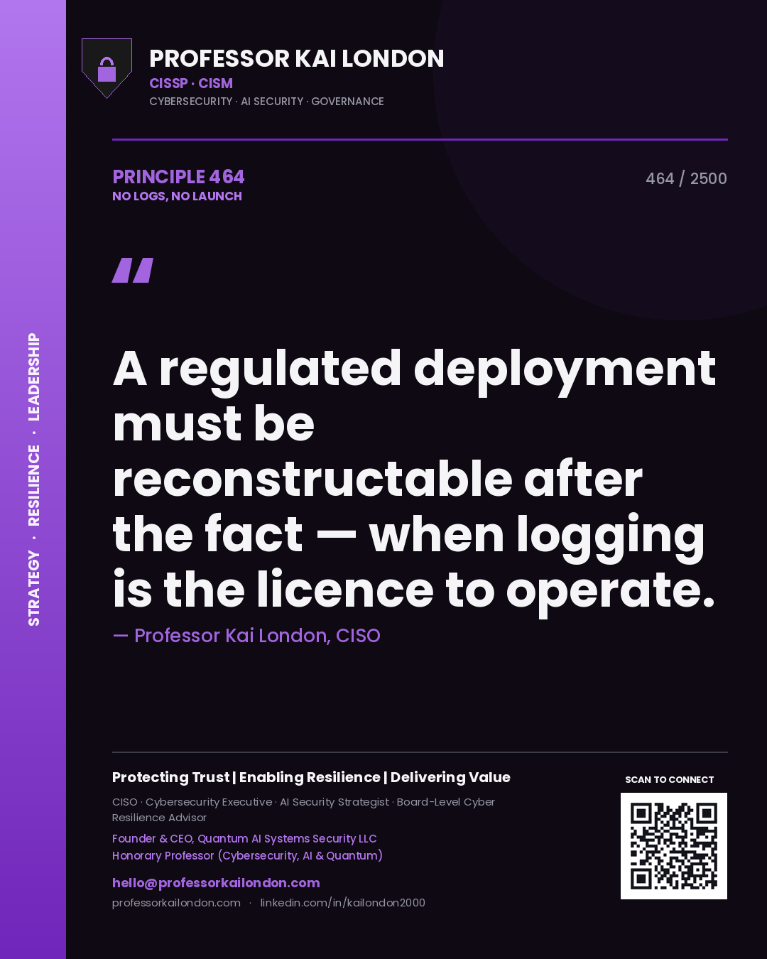 Professor Kai London principle 464: A regulated deployment must be reconstructable after the fact — when logging is the licence to operate.