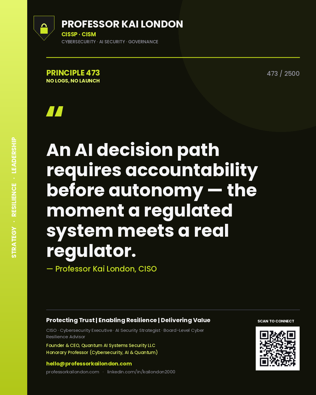 Professor Kai London principle 473: An AI decision path requires accountability before autonomy — the moment a regulated system meets a real regulator.