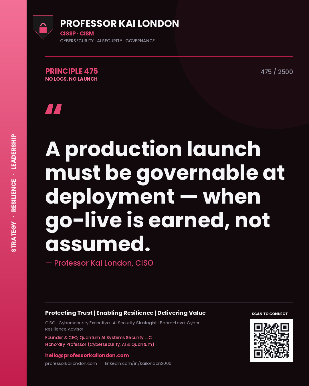 Professor Kai London principle 475: A production launch must be governable at deployment — when go-live is earned, not assumed.