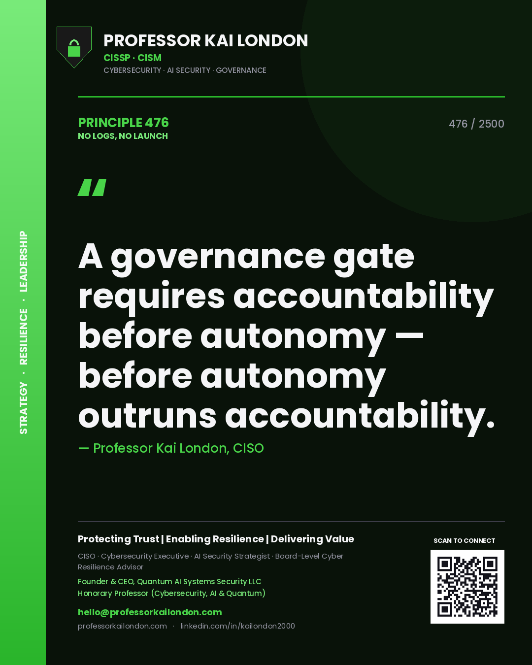 Professor Kai London principle 476: A governance gate requires accountability before autonomy — before autonomy outruns accountability.