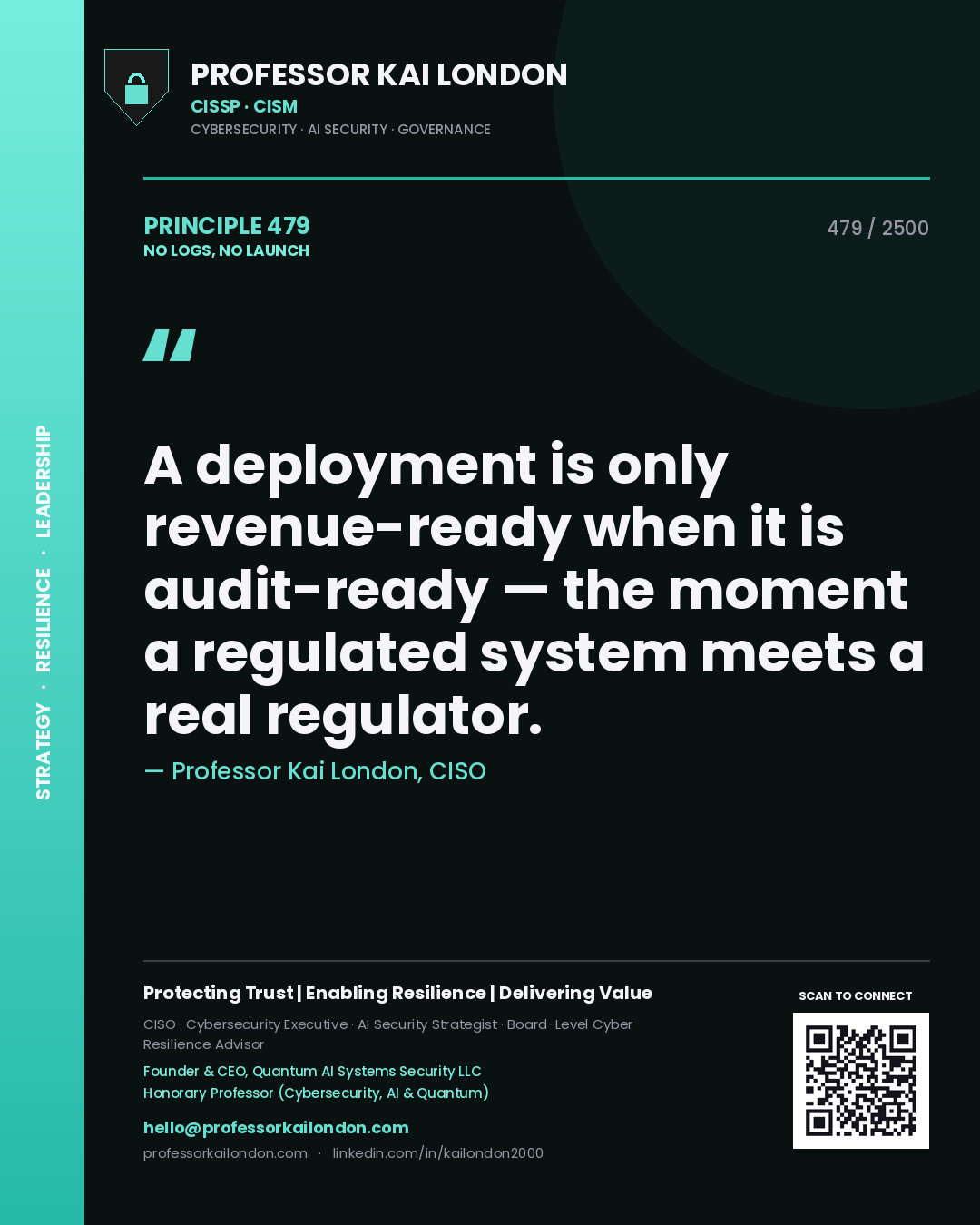 Quote card by Professor Kai London reading 'A deployment is only revenue-ready when it is audit-ready — the moment a regulated system meets a real regulator.'. From the book No Logs, No Launch.