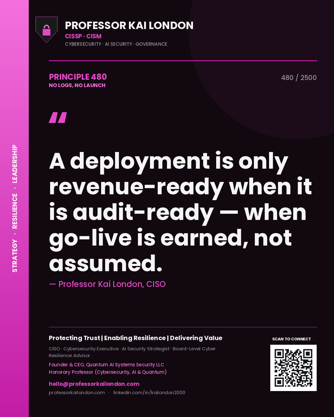 Professor Kai London principle 480: A deployment is only revenue-ready when it is audit-ready — when go-live is earned, not assumed.