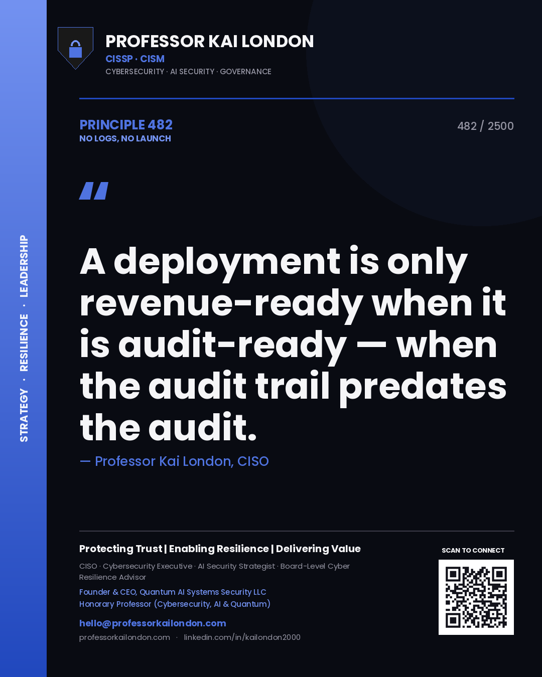 Professor Kai London principle 482: A deployment is only revenue-ready when it is audit-ready — when the audit trail predates the audit.