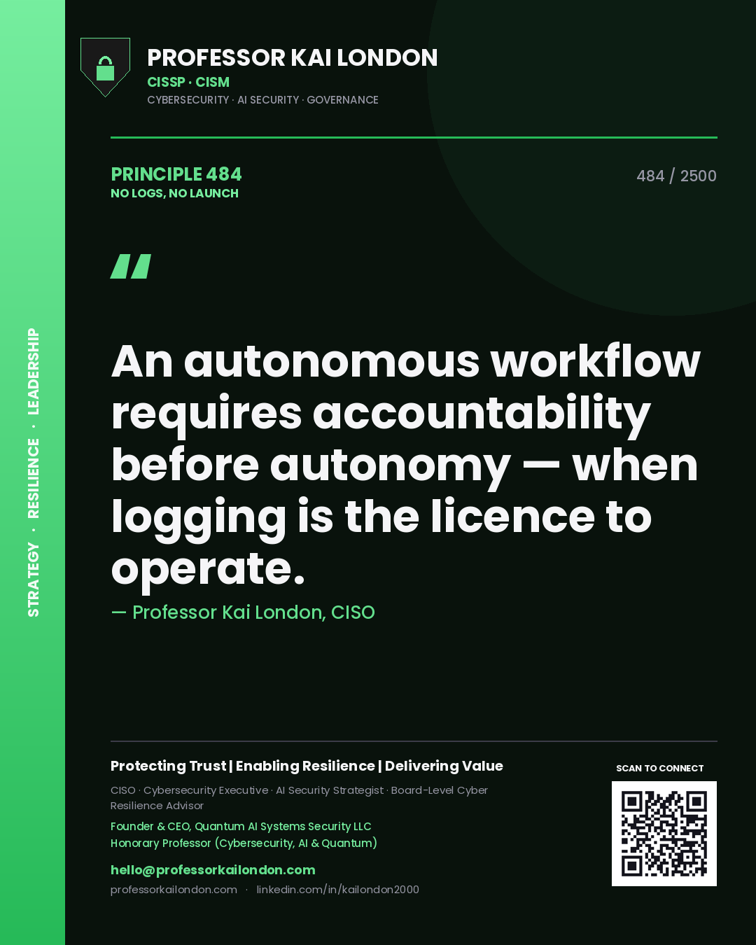Quote card by Professor Kai London reading 'An autonomous workflow requires accountability before autonomy — when logging is the licence to operate.'. From the book No Logs, No Launch.