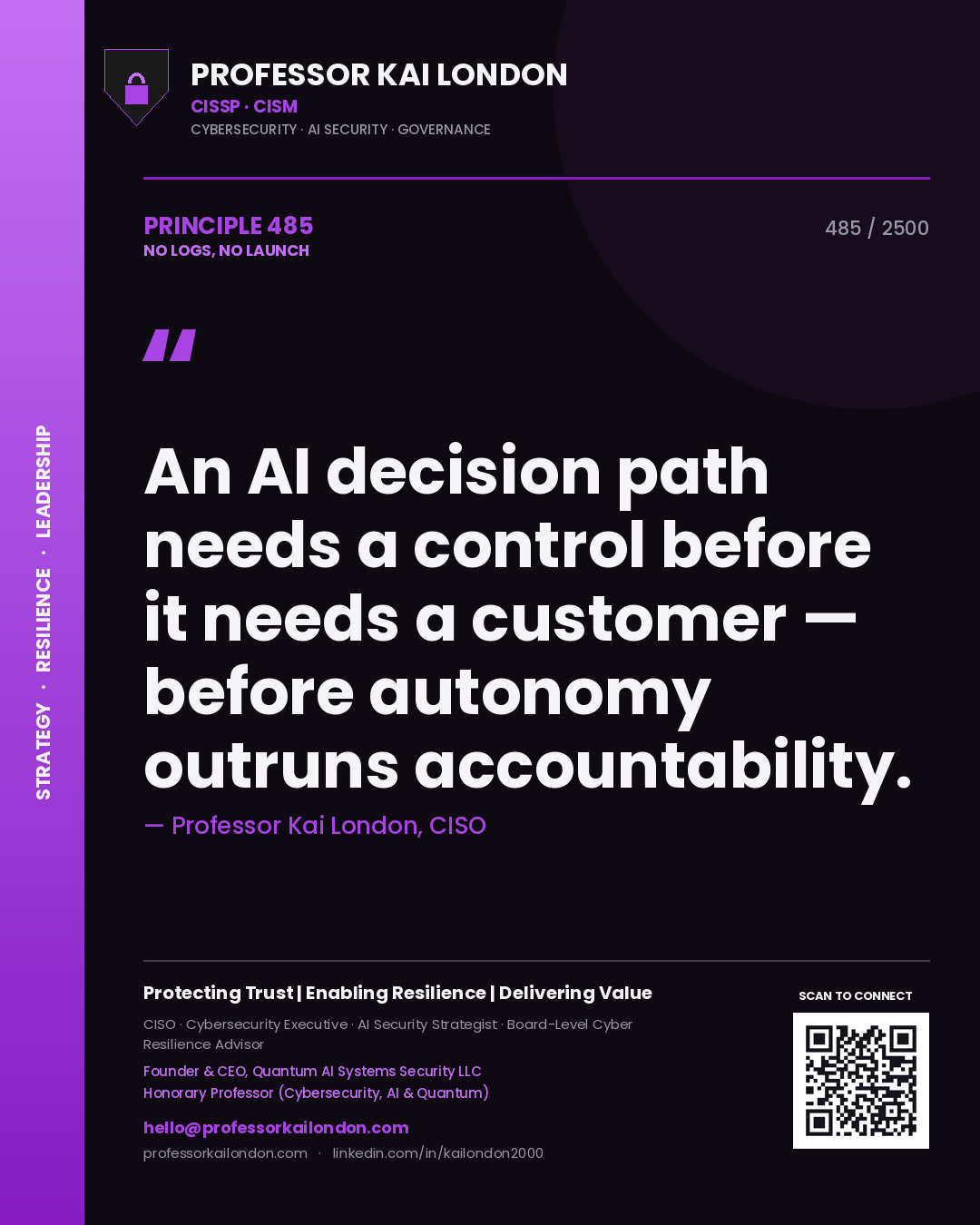 Professor Kai London principle 485: An AI decision path needs a control before it needs a customer — before autonomy outruns accountability.