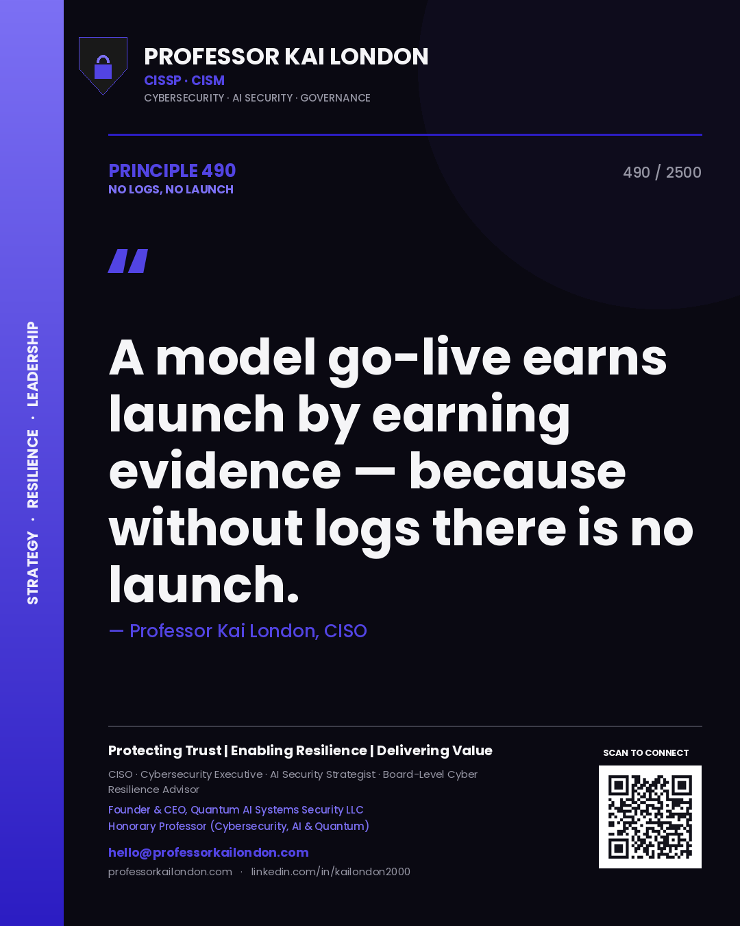 Quote card by Professor Kai London reading 'A model go-live earns launch by earning evidence — because without logs there is no launch.'. From the book No Logs, No Launch.