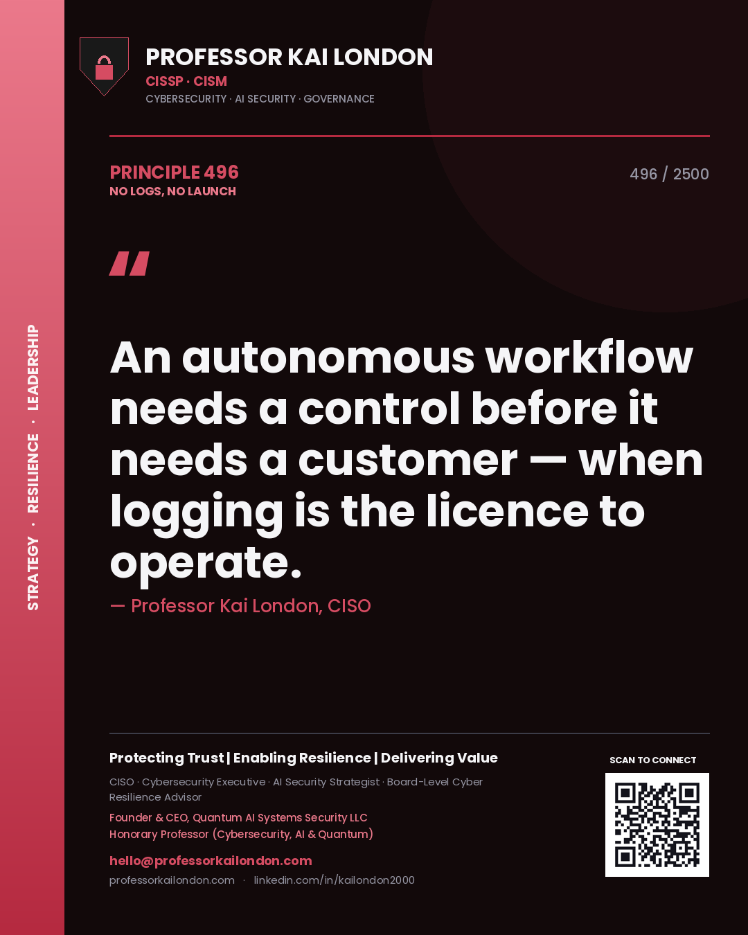 Quote card by Professor Kai London reading 'An autonomous workflow needs a control before it needs a customer — when logging is the licence to operate.'. From the book No Logs, No Launch.