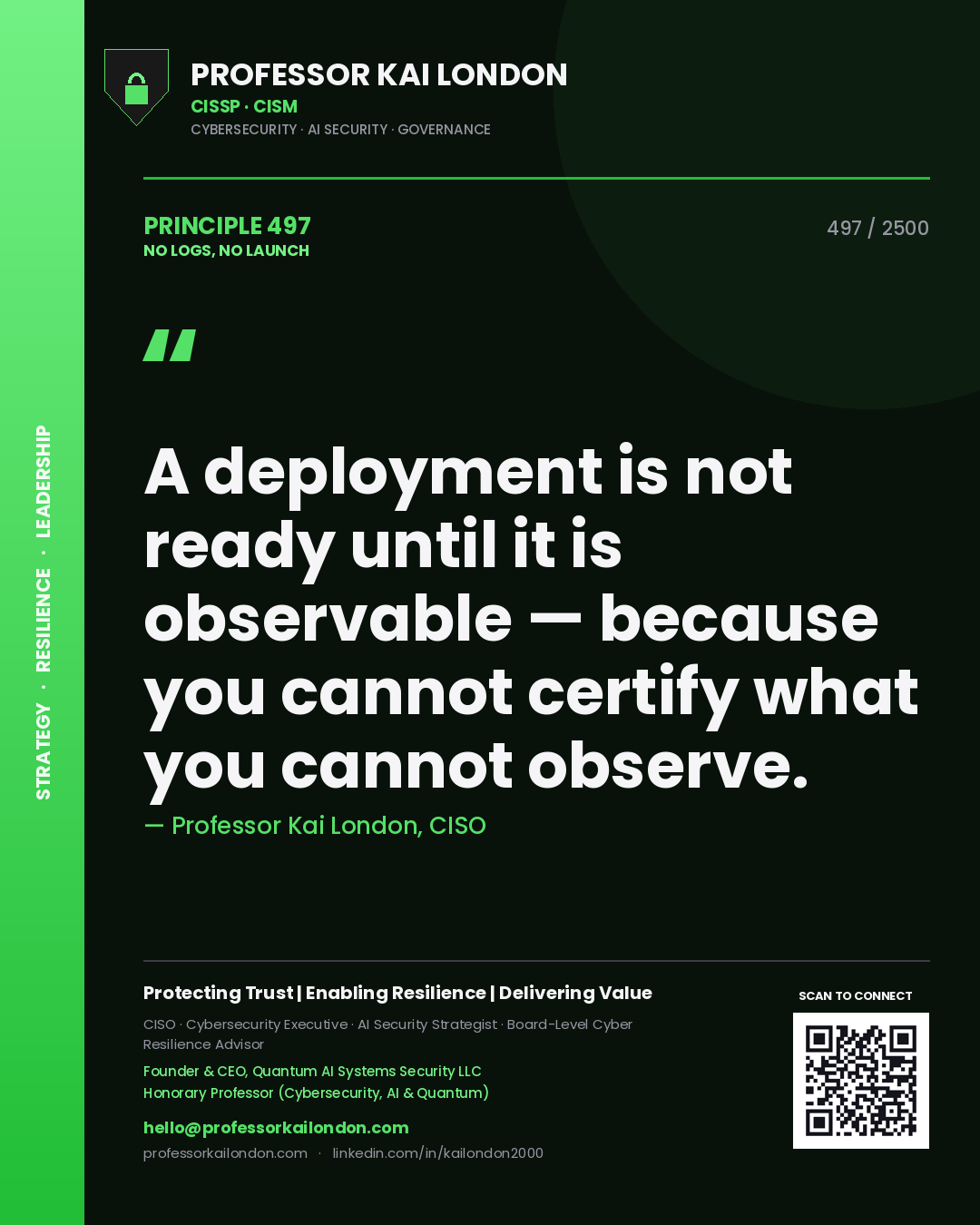 Professor Kai London principle 497: A deployment is not ready until it is observable — because you cannot certify what you cannot observe.