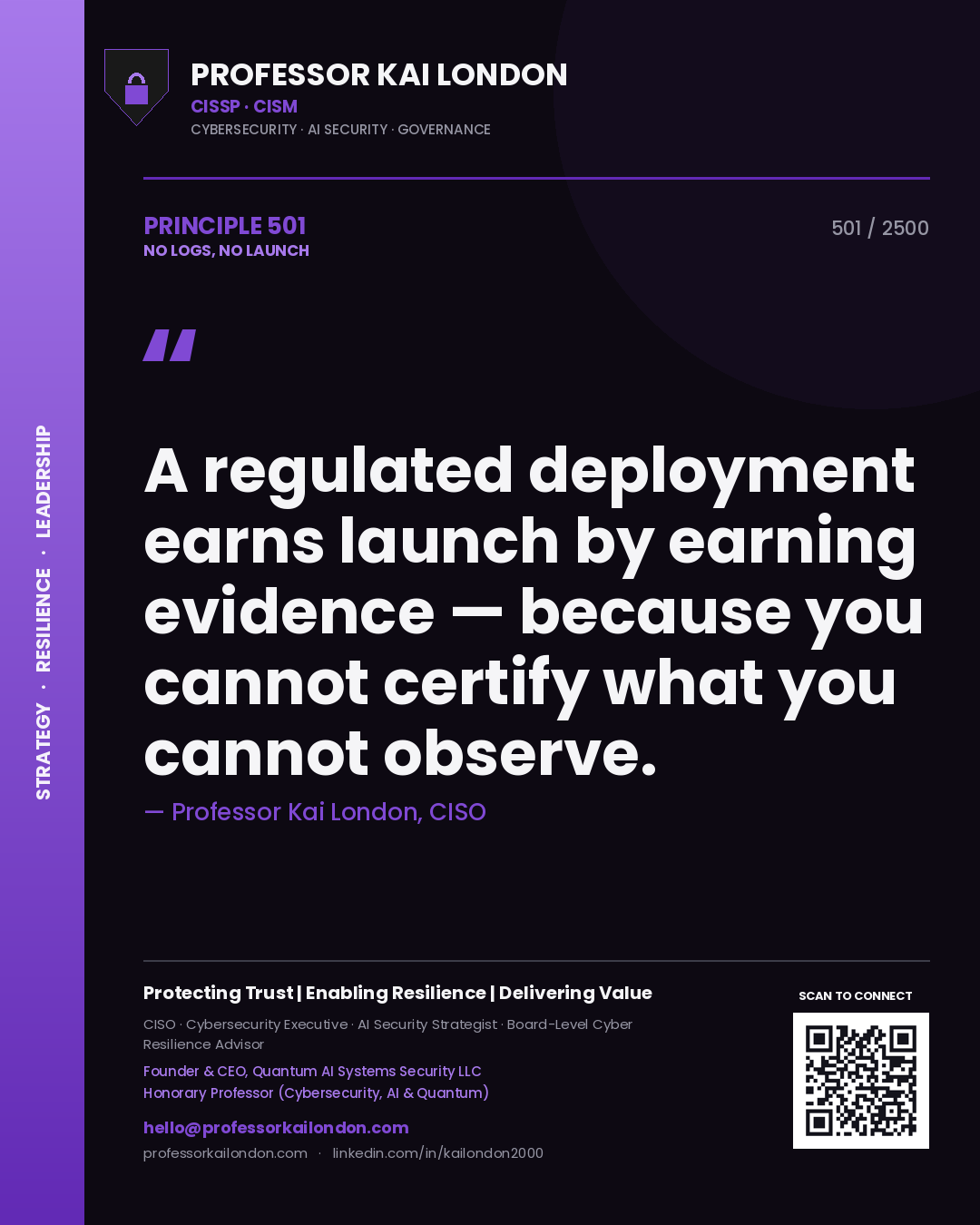 Professor Kai London principle 501: A regulated deployment earns launch by earning evidence — because you cannot certify what you cannot observe.