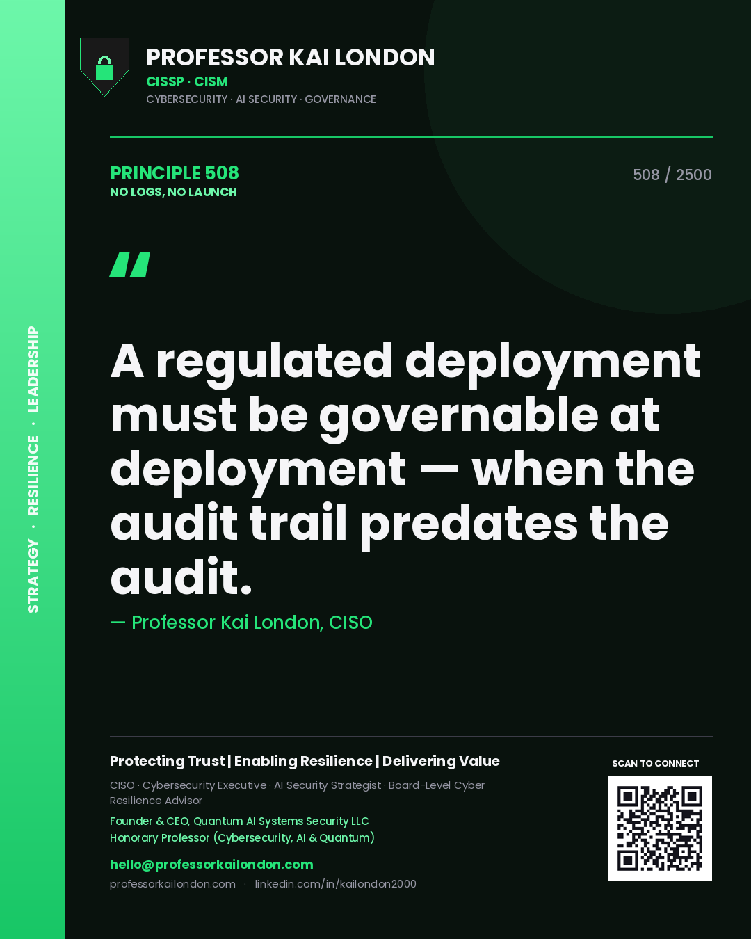 Quote card by Professor Kai London reading 'A regulated deployment must be governable at deployment — when the audit trail predates the audit.'. From the book No Logs, No Launch.