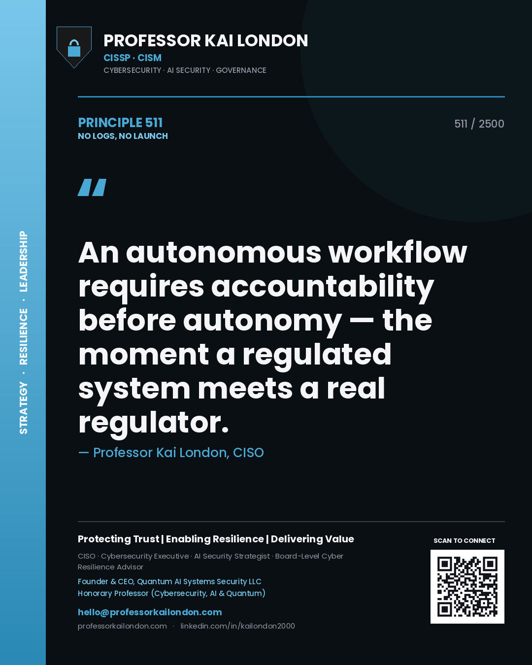 Quote card by Professor Kai London reading 'An autonomous workflow requires accountability before autonomy — the moment a regulated system meets a real regulator.'. From the book No Logs, No Launch.