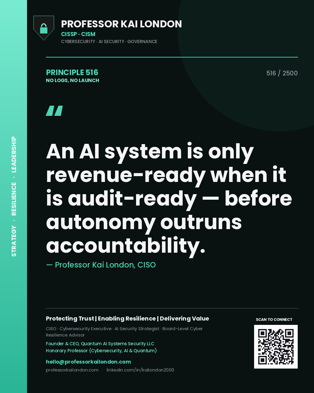 Professor Kai London principle 516: An AI system is only revenue-ready when it is audit-ready — before autonomy outruns accountability.