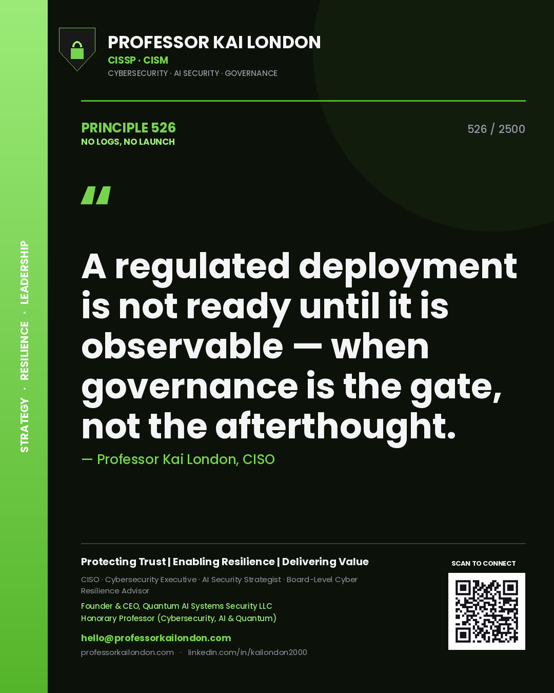 Professor Kai London principle 526: A regulated deployment is not ready until it is observable — when governance is the gate, not the afterthought.
