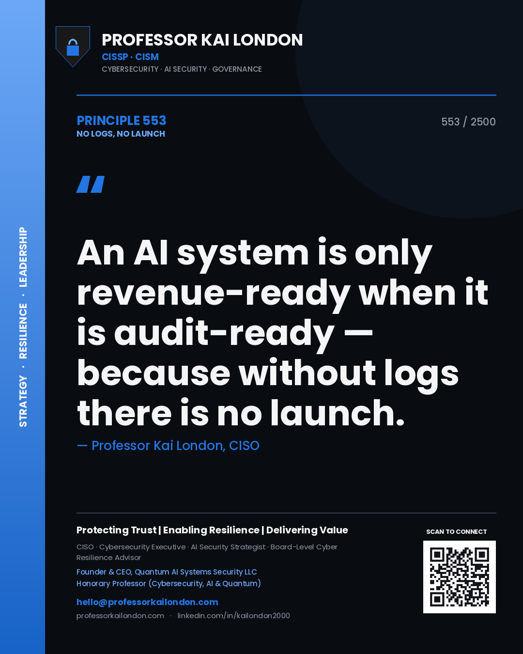Quote card by Professor Kai London reading 'An AI system is only revenue-ready when it is audit-ready — because without logs there is no launch.'. From the book No Logs, No Launch.