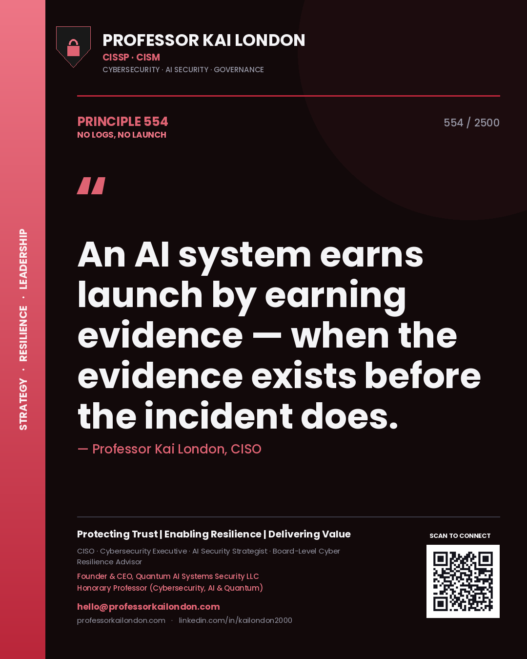 Professor Kai London principle 554: An AI system earns launch by earning evidence — when the evidence exists before the incident does.