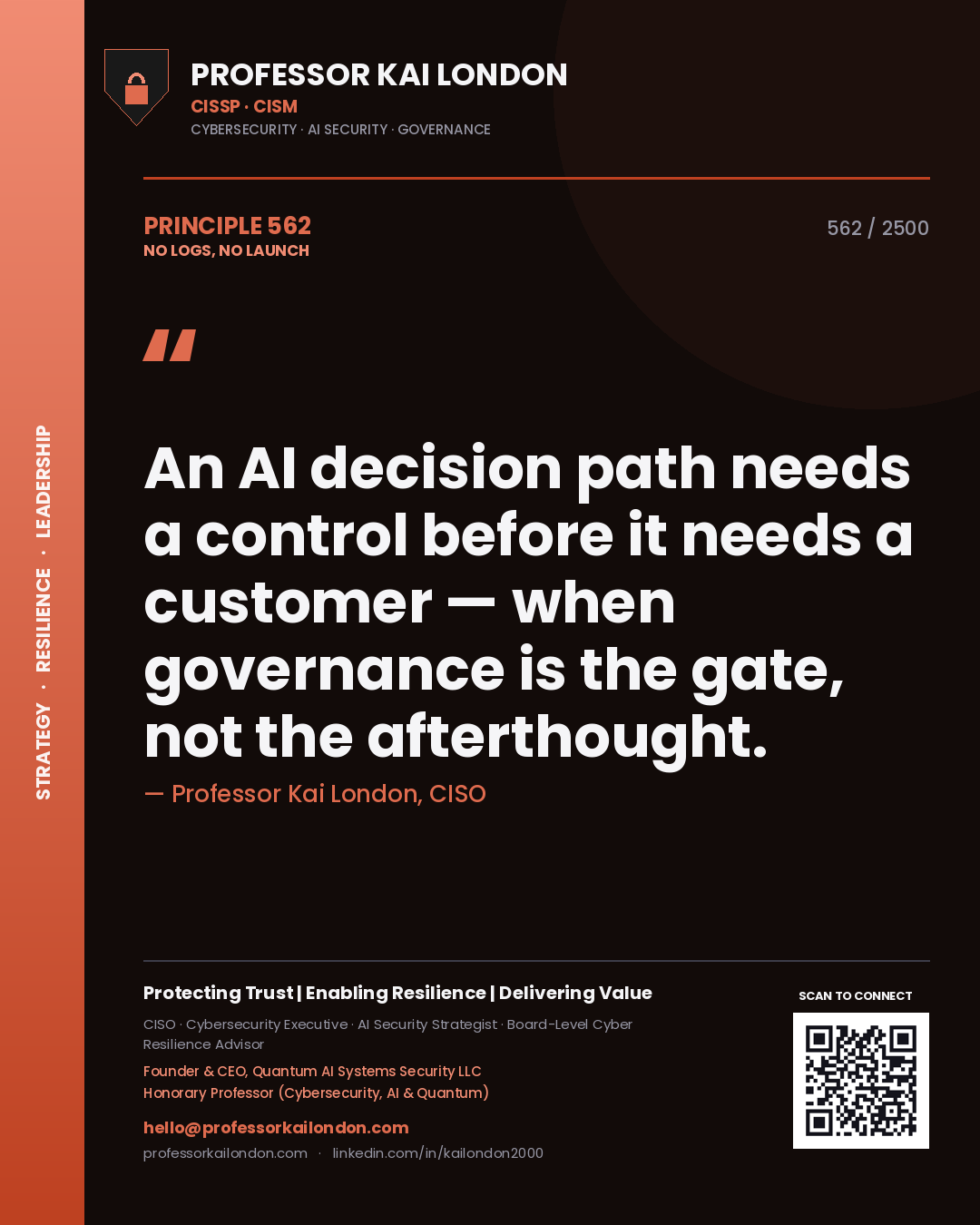 Professor Kai London principle 562: An AI decision path needs a control before it needs a customer — when governance is the gate, not the afterthought.