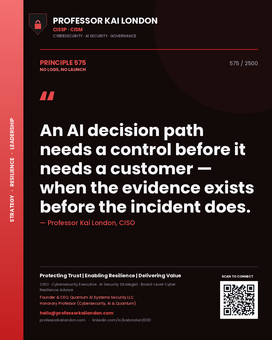Professor Kai London principle 575: An AI decision path needs a control before it needs a customer — when the evidence exists before the incident does.