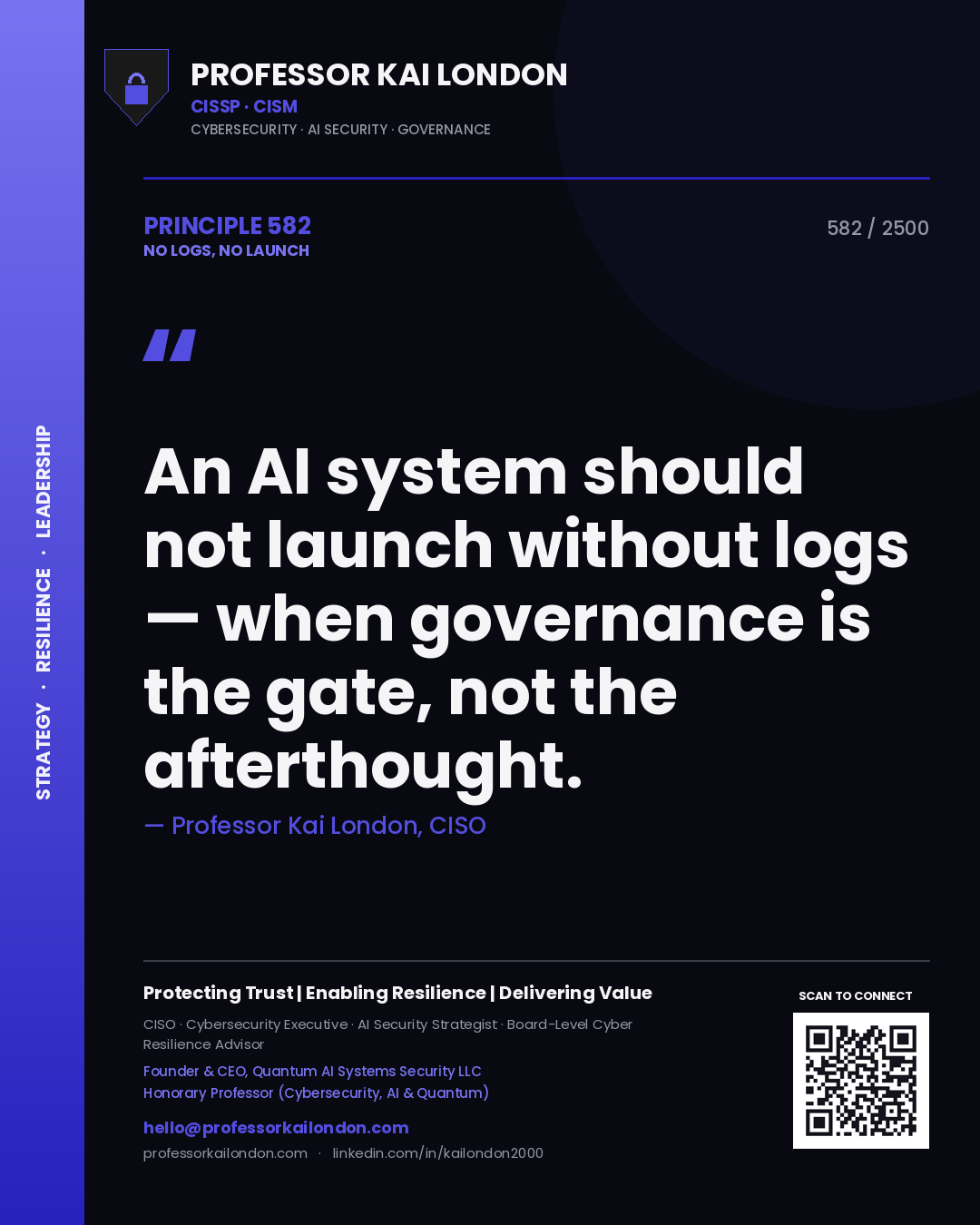 Professor Kai London principle 582: An AI system should not launch without logs — when governance is the gate, not the afterthought.