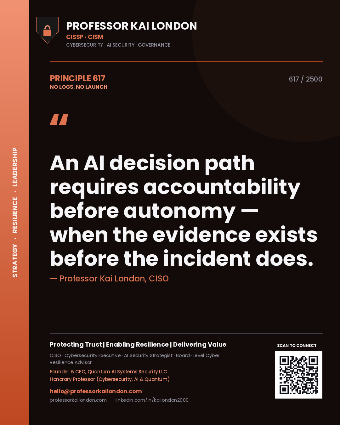 Quote card by Professor Kai London reading 'An AI decision path requires accountability before autonomy — when the evidence exists before the incident does.'. From the book No Logs, No Launch.