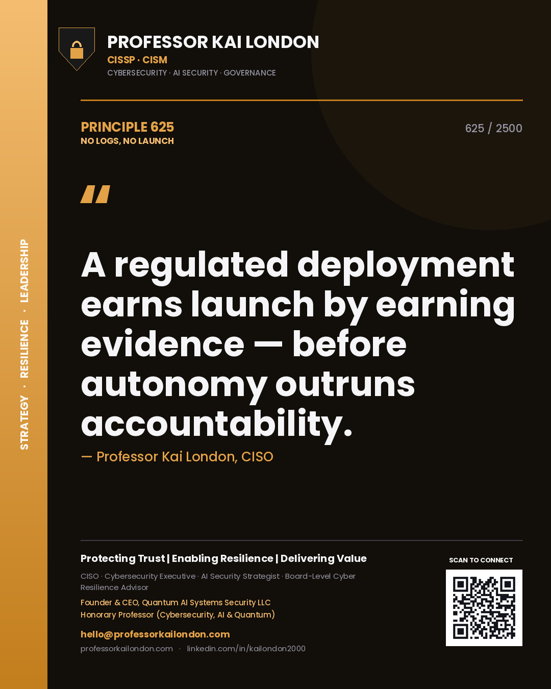 Professor Kai London principle 625: A regulated deployment earns launch by earning evidence — before autonomy outruns accountability.