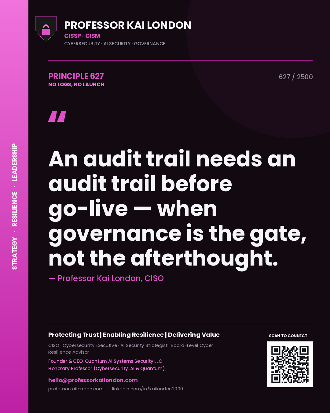 Quote card by Professor Kai London reading 'An audit trail needs an audit trail before go-live — when governance is the gate, not the afterthought.'. From the book No Logs, No Launch.
