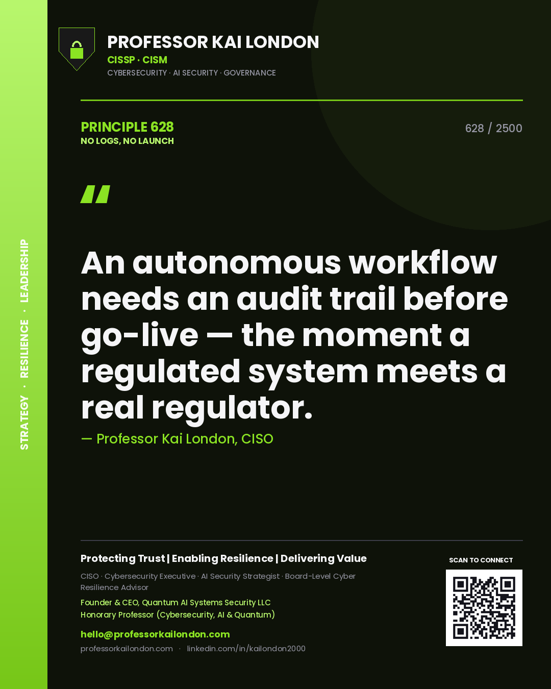 Professor Kai London principle 628: An autonomous workflow needs an audit trail before go-live — the moment a regulated system meets a real regulator.