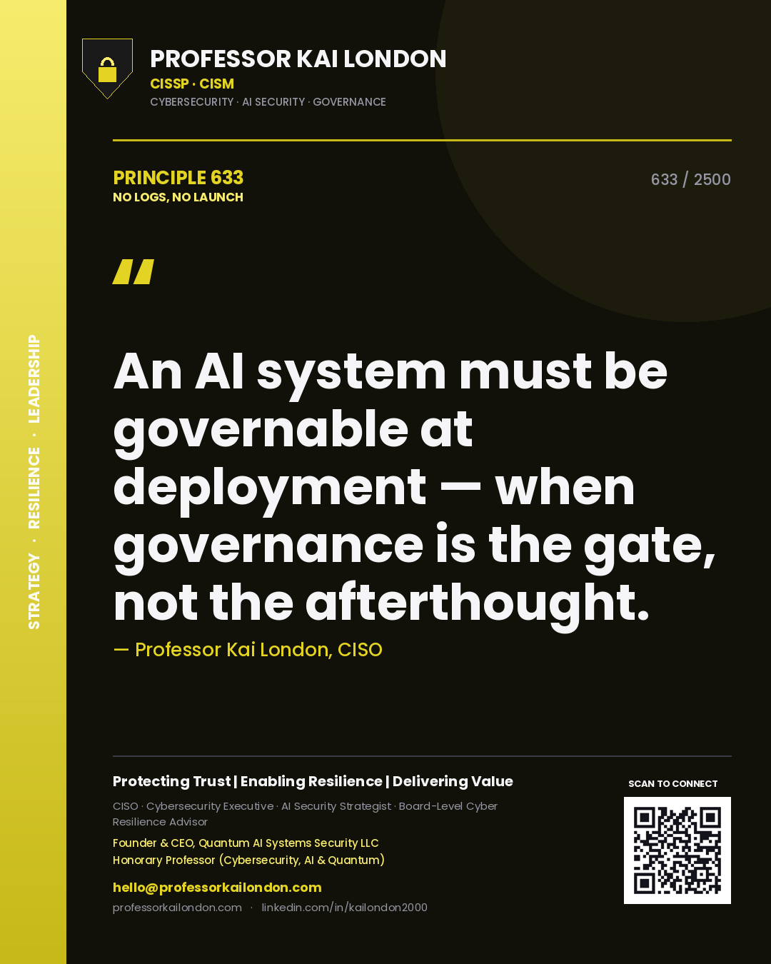 Professor Kai London principle 633: An AI system must be governable at deployment — when governance is the gate, not the afterthought.