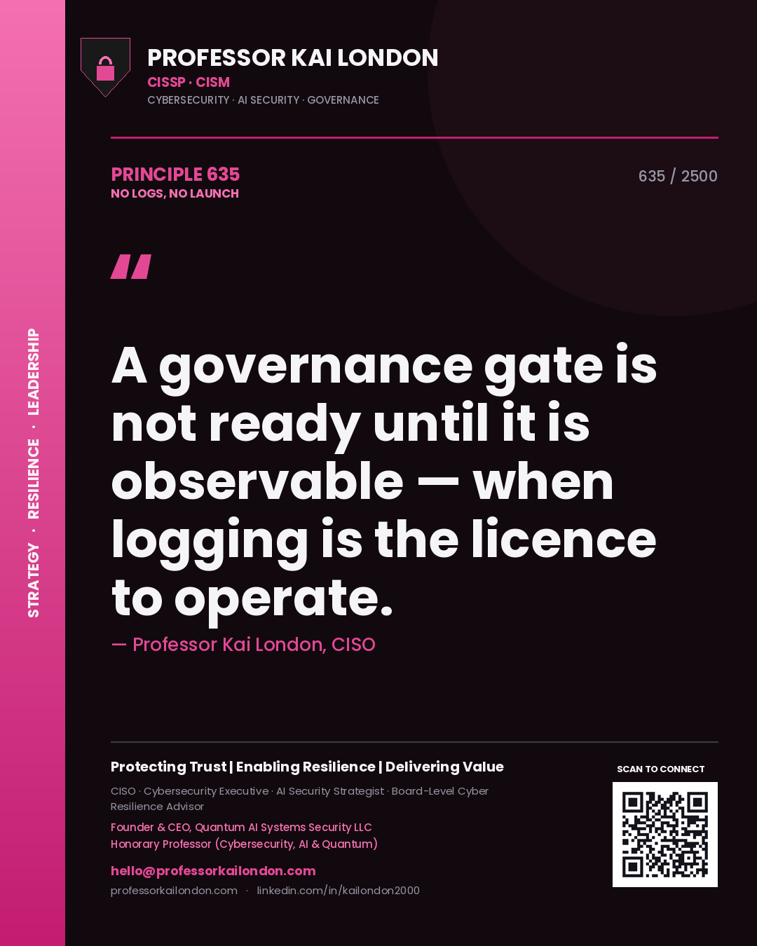 Quote card by Professor Kai London reading 'A governance gate is not ready until it is observable — when logging is the licence to operate.'. From the book No Logs, No Launch.