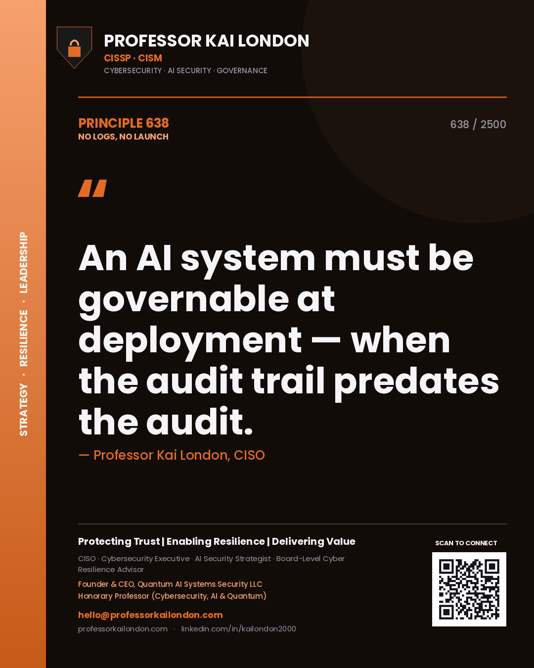 Quote card by Professor Kai London reading 'An AI system must be governable at deployment — when the audit trail predates the audit.'. From the book No Logs, No Launch.